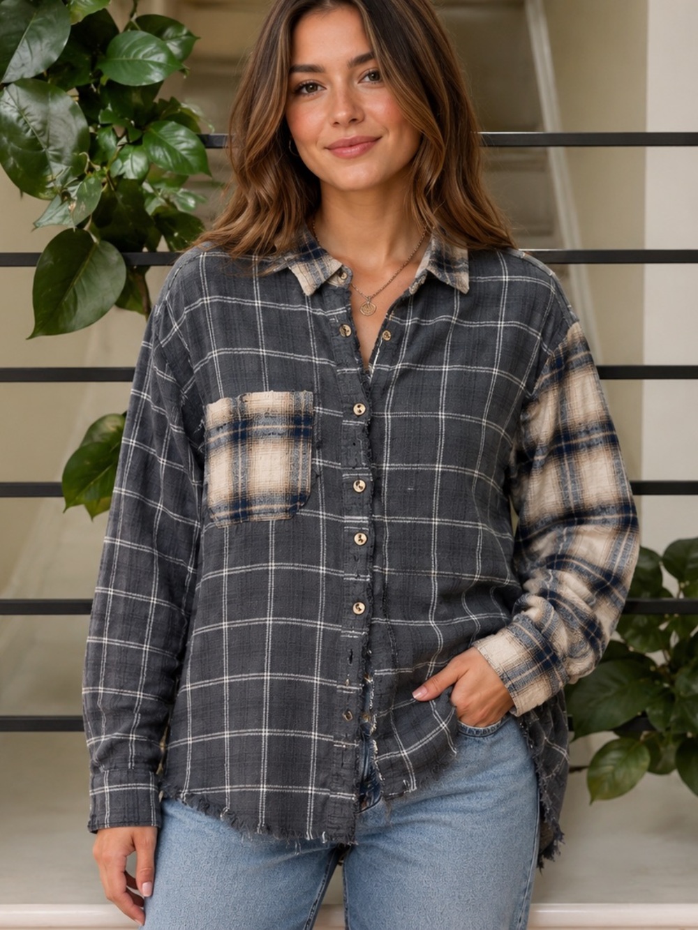 Vintage Havana Mixed Plaid Contrast Sleeve Button Up Shacket Size Small